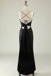 Spaghettiträger Schwarzes Satin Ballkleid mit Fransen